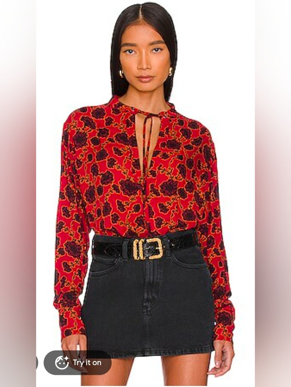 Free People Revolve Women’s Mia tunic Red Floral boho V-Neck Tie Blouse Top XS